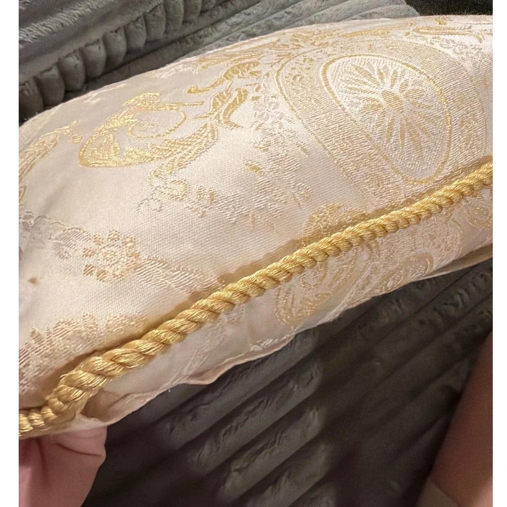 Cream Gold Damask Brocade Tassel Accent Pillow Pleated Front Pocket 14x10